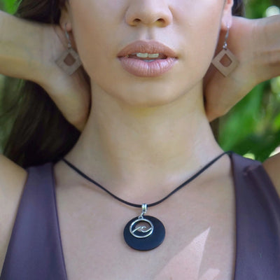 Wave Charm and Timber Pendant Necklace - 2 Colours