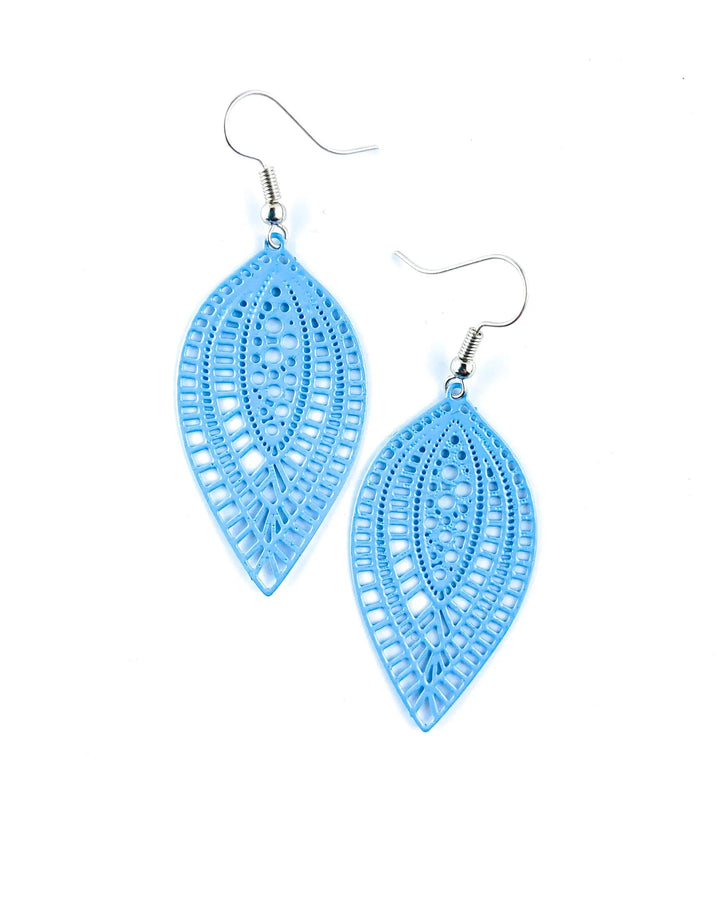 Blue botanical leaf dangle earrings with filigree-style cut-out pattern and silver hooks