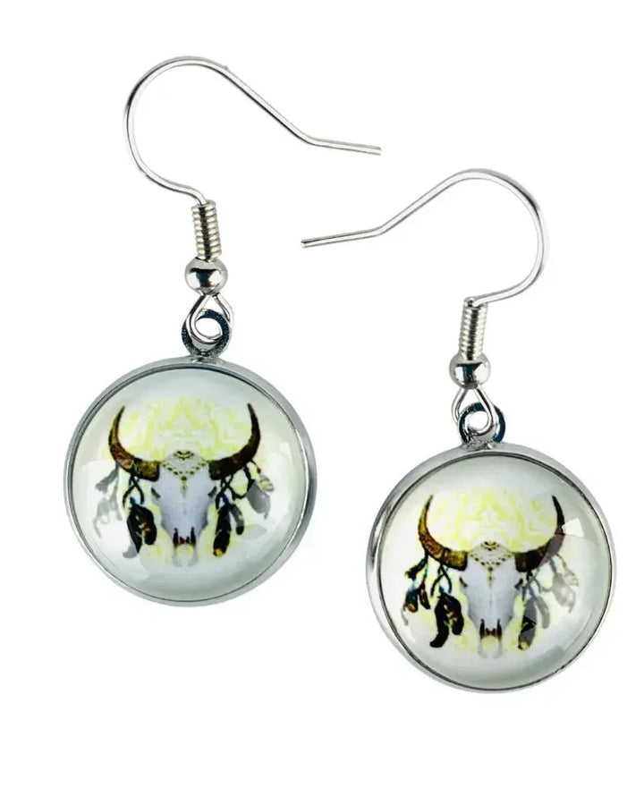 Round bull skull glass cabochon drop earrings with silver fishhook wires