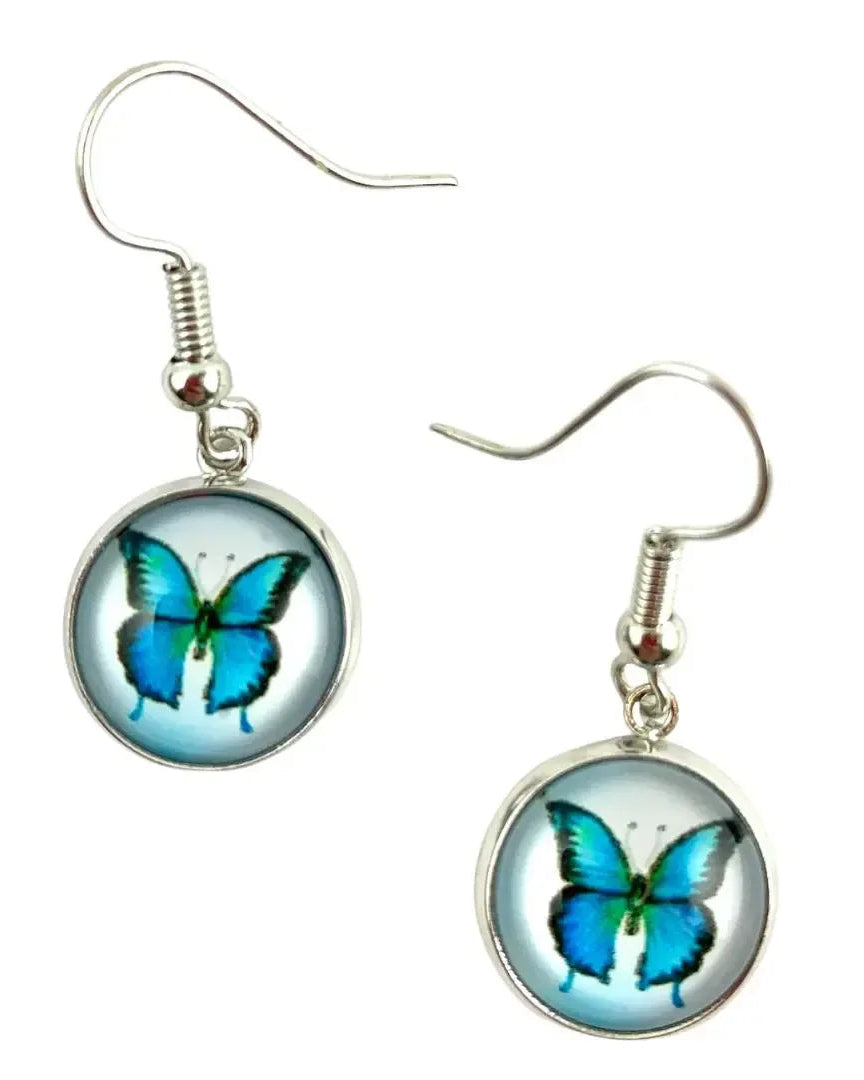 Butterfly dangle earrings with small blue glass cabochon charms and silver hooks