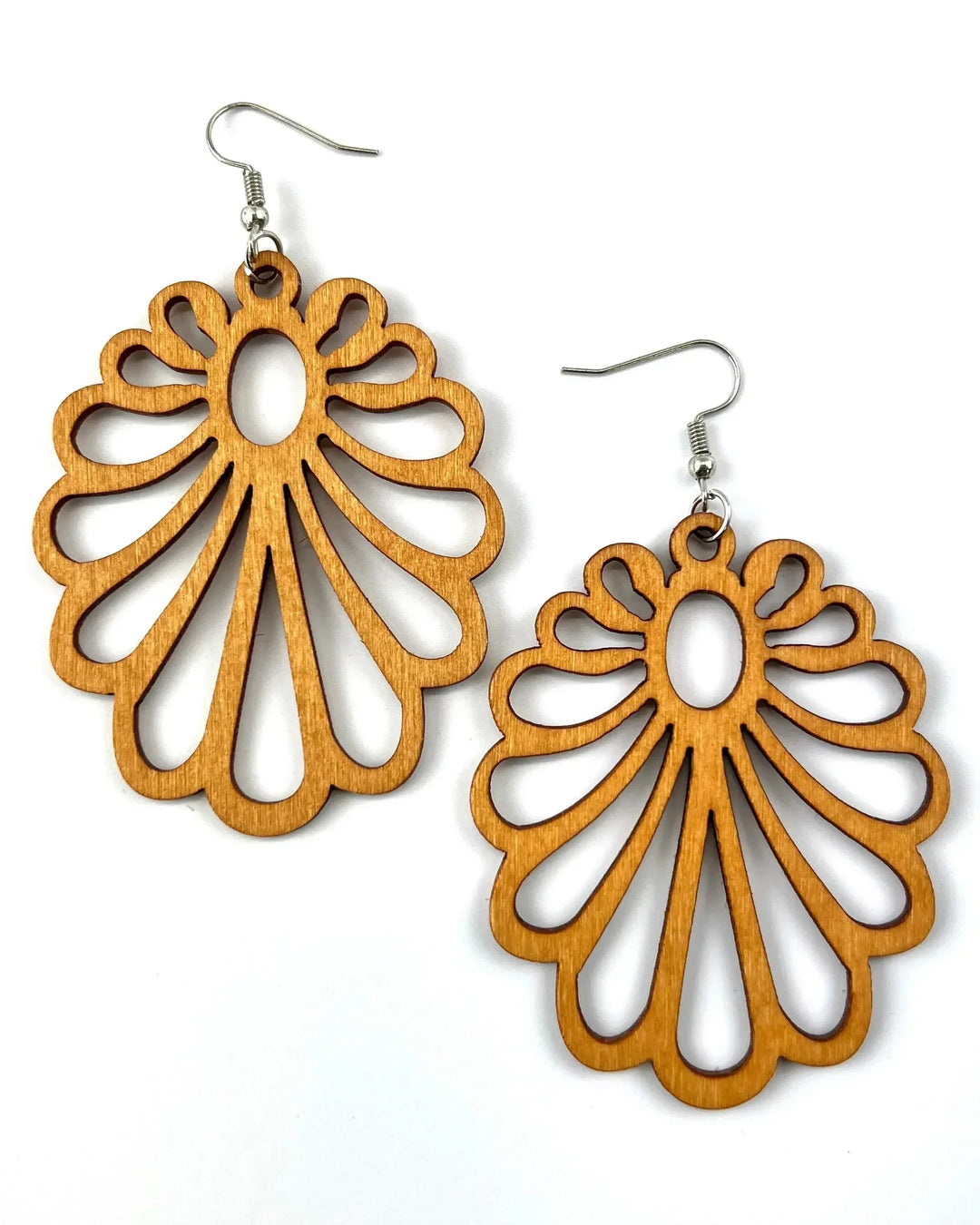 Claire timber drops featuring a large open-cut floral fan design in a warm honey-toned natural wood.