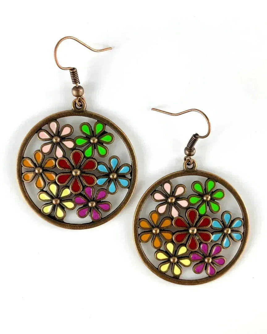 Round antique-copper drop earrings with a colourful enamel flower mosaic design