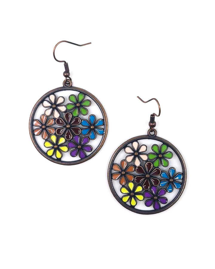 Round antique-copper drop earrings with a colourful enamel flower mosaic design