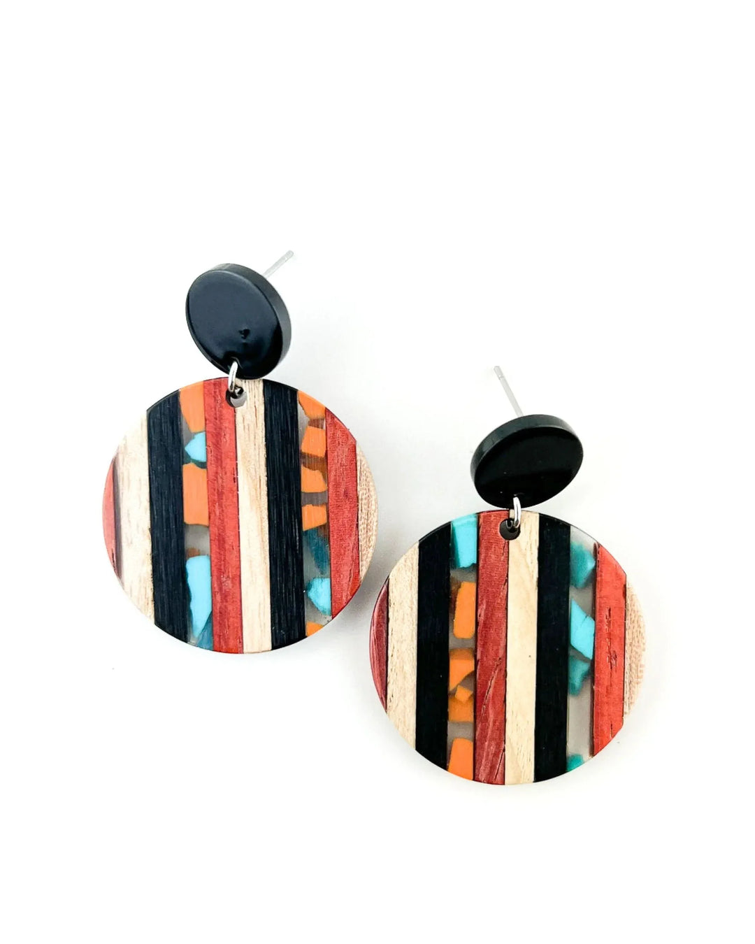 Round earthy resin drop earrings with timber-style detail, orange, turquoise, and black stripes