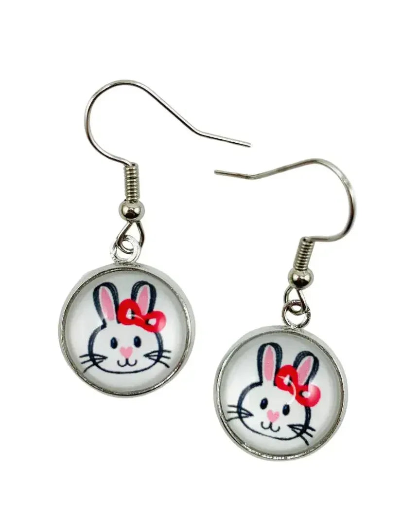 Small round Easter bunny earrings with red bow under glossy glass dome and silver hook fittings