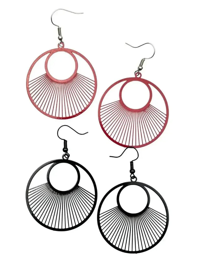 Red and black filigree round lined dangle earrings showing two colour options with radiating line pattern and lightweight hooks