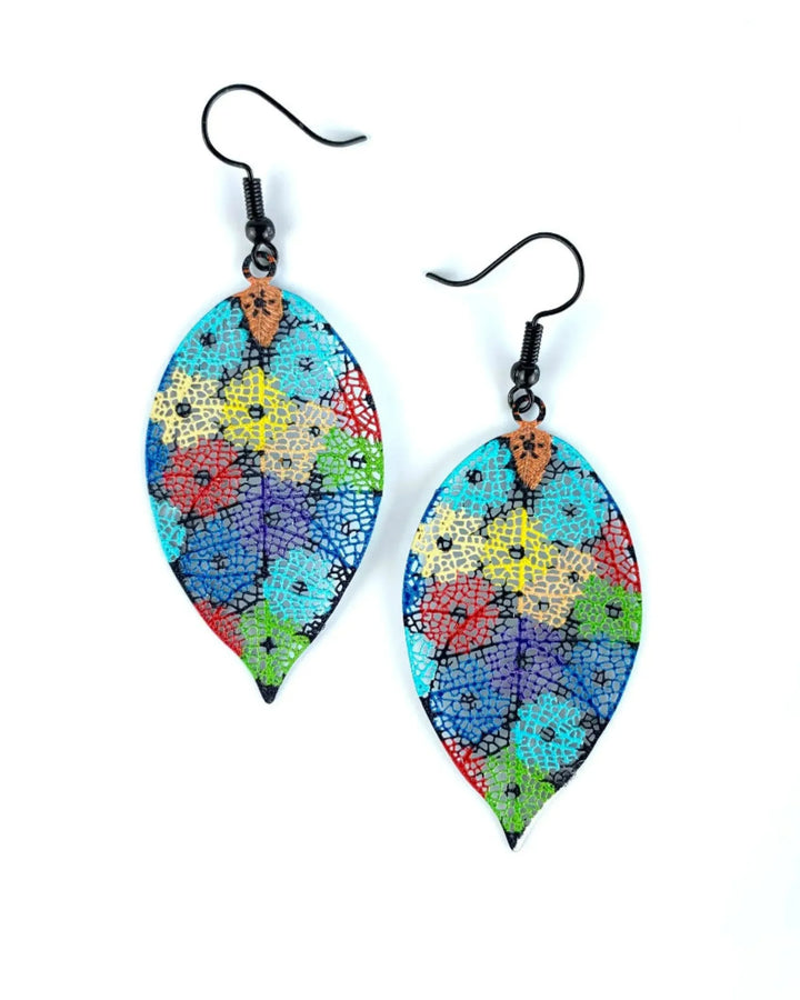 Pair of colourful floral leaf drop earrings with filigree-style pattern and black hooks