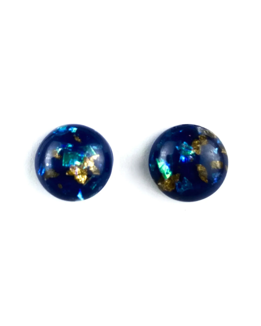 Deep blue gold and opal fleck stud earrings with glossy dome finish