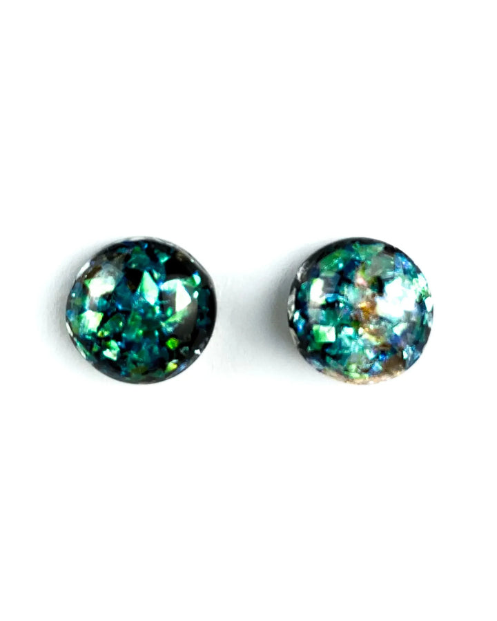 Green gold and opal fleck stud earrings with glossy dome finish