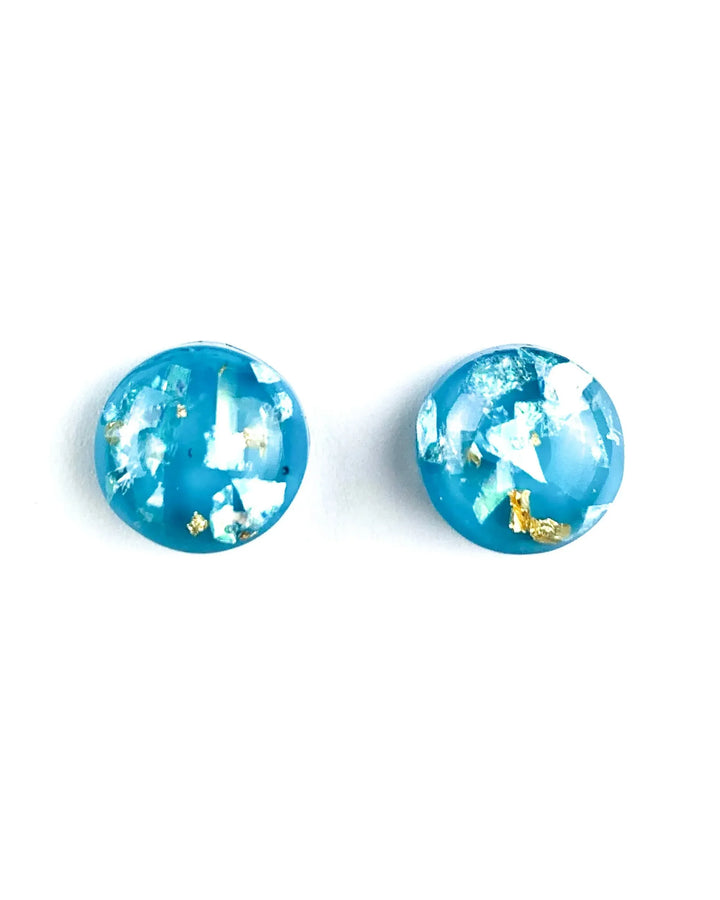 Light blue gold and opal fleck stud earrings with glossy dome finish