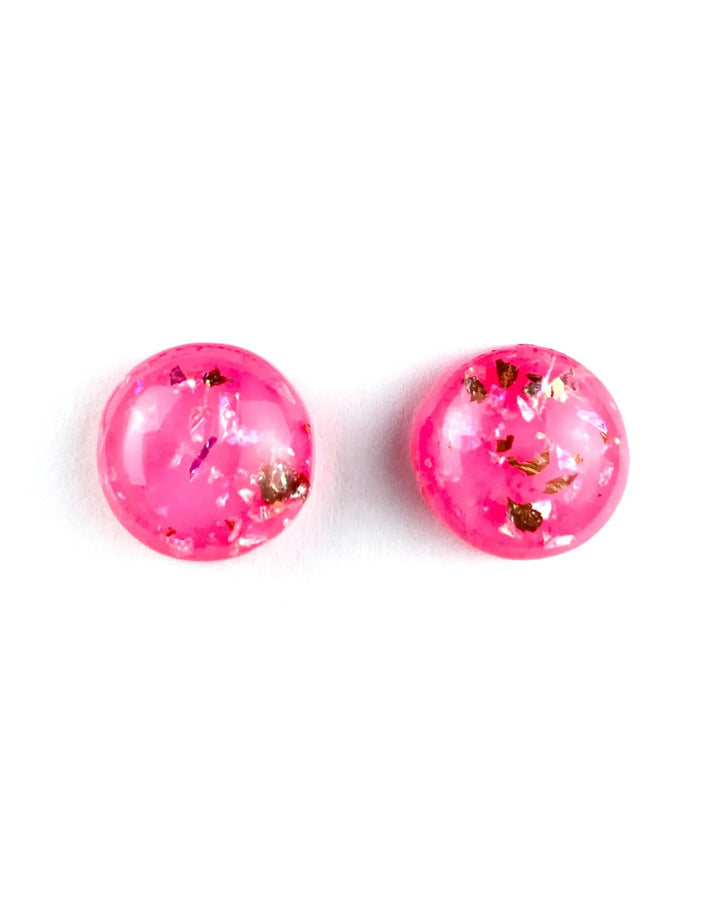 Pink gold and opal fleck stud earrings with glossy dome finish