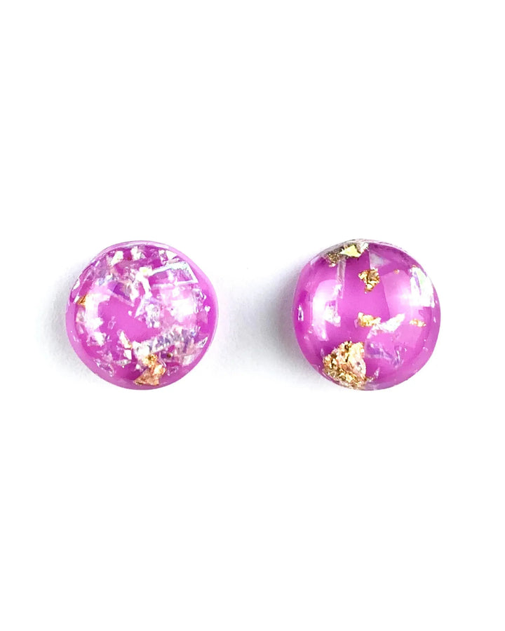 Purple gold and opal fleck stud earrings with glossy dome finish
