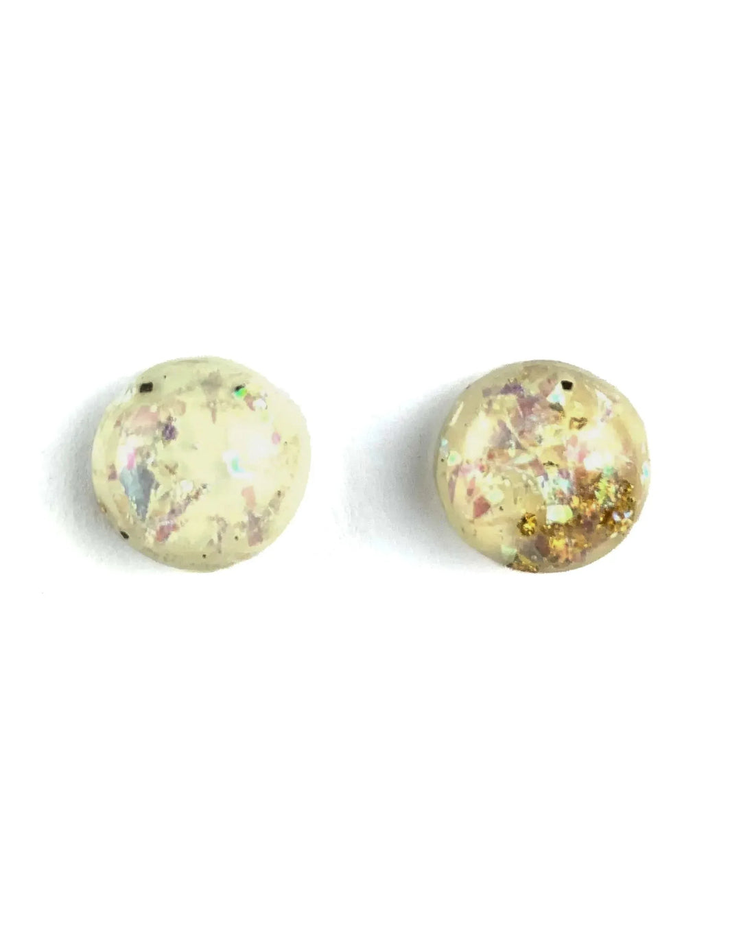 White gold and opal fleck stud earrings with glossy dome finish