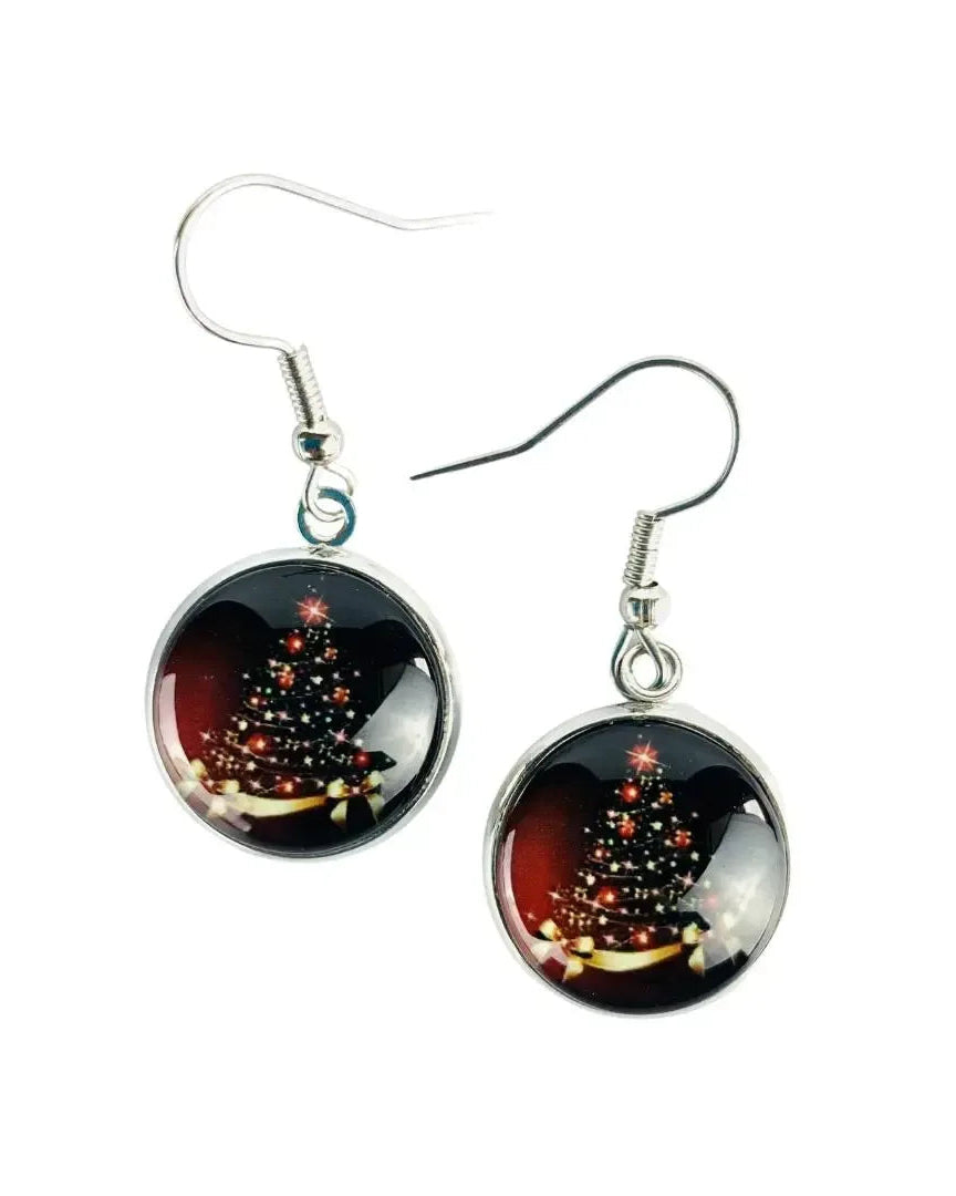 Gold ribbon Christmas tree earrings, a glass cabochon showing a lit Christmas tree with a red star and gold ribbon