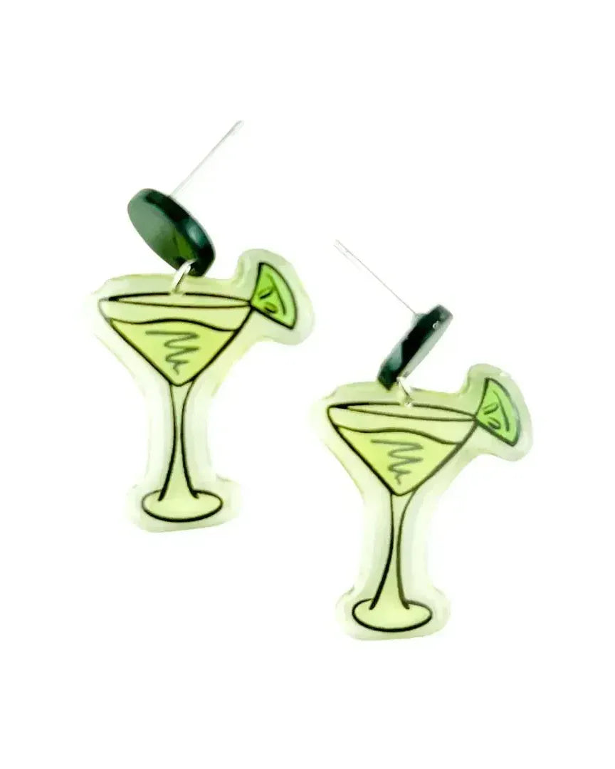 Cocktail earrings featuring a lime green margarita charm and dark green stud on a white background.