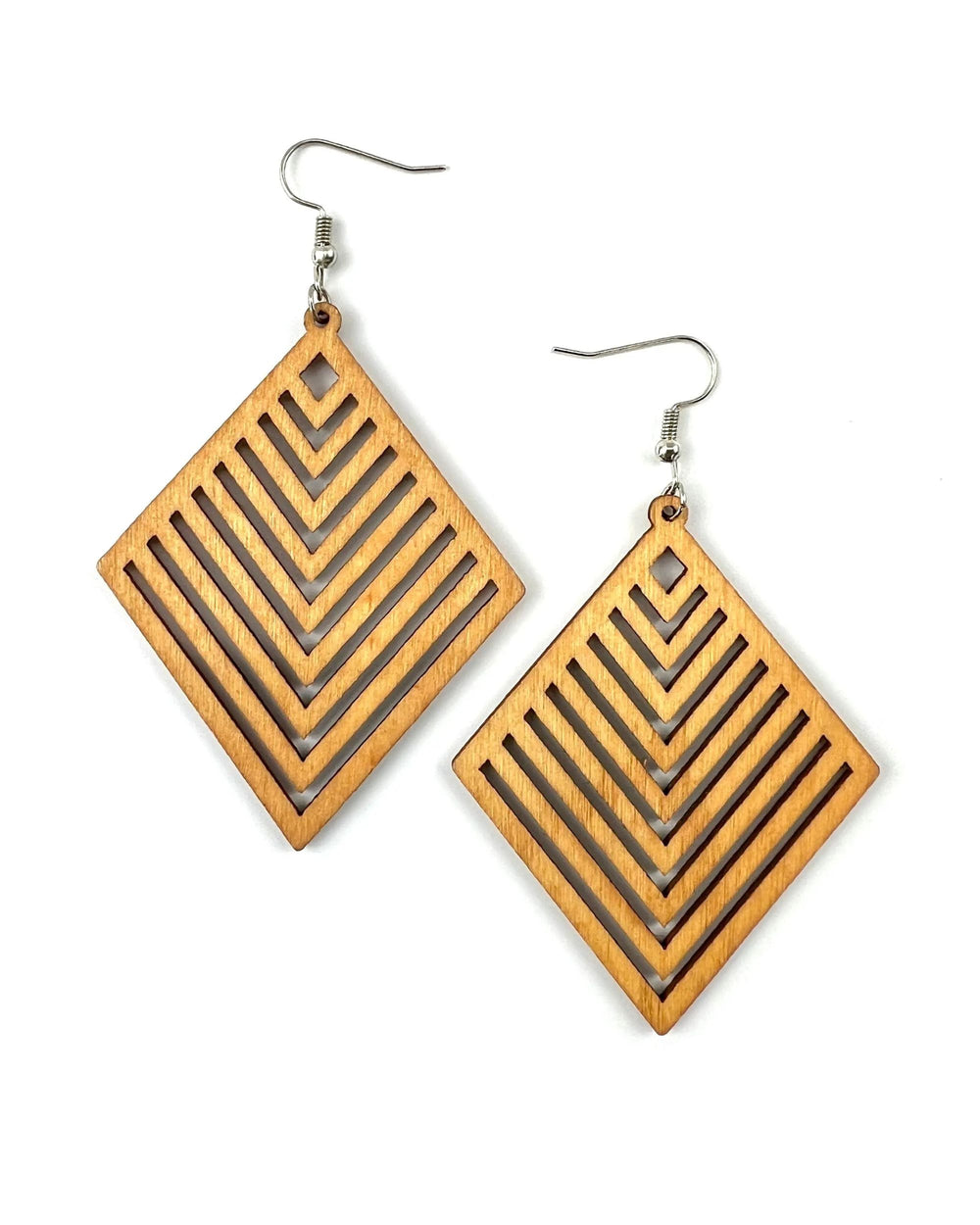 Alt text: Pair of Izzy diamond shaped geometric timber drop earrings with layered chevron cut-outs on white background