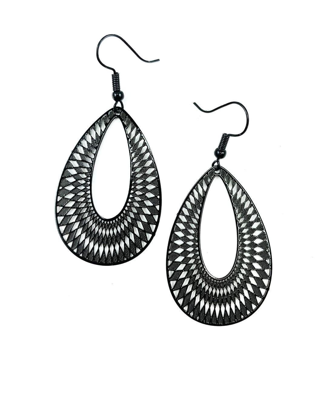 Black lace-cut teardrop dangle earrings with detailed cut-out pattern and dark hooks