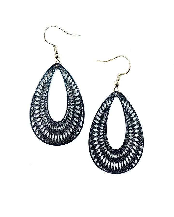 Charcoal grey lace-cut teardrop dangle earrings with detailed cut-out pattern and silver hooks