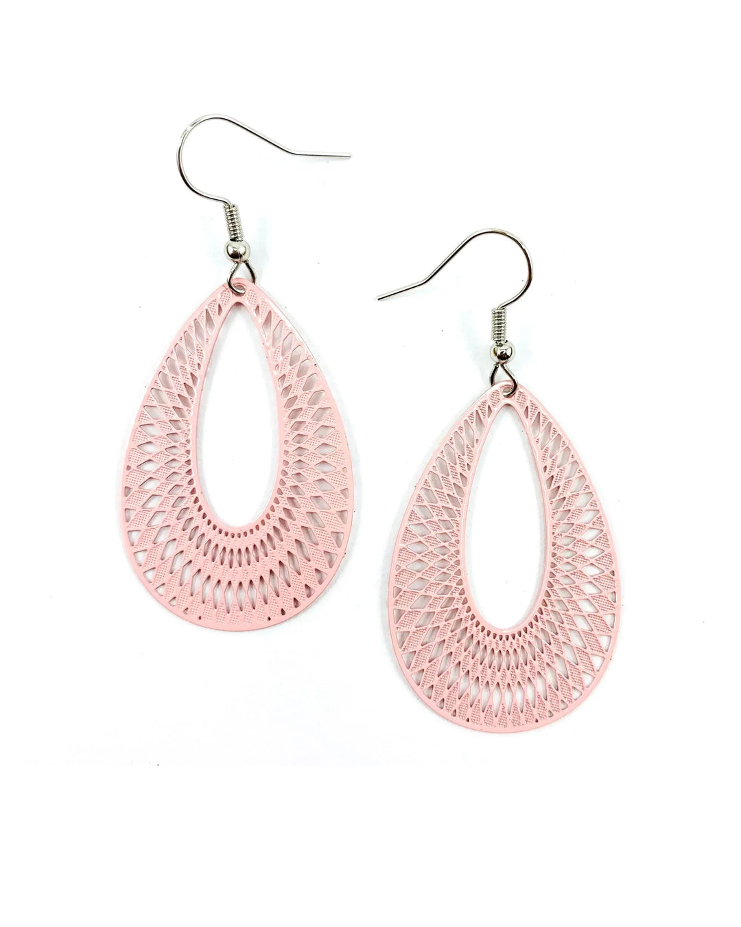 Pale pink lace-cut teardrop dangle earrings with detailed cut-out pattern and silver hooks