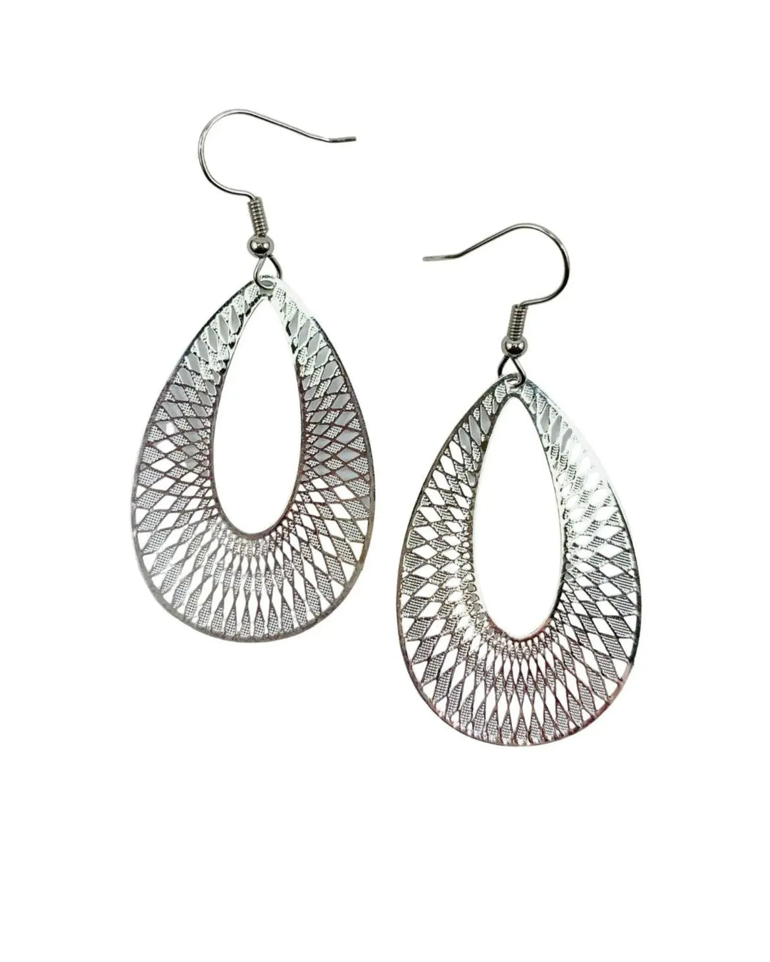 Silver lace-cut teardrop dangle earrings with detailed cut-out pattern and silver hooks