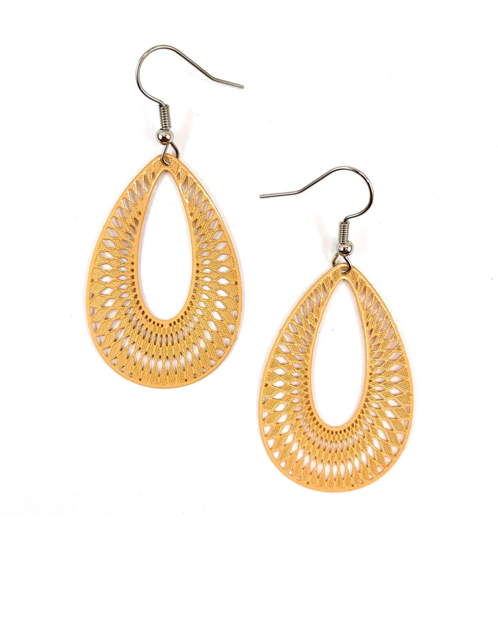 Soft orange lace-cut teardrop dangle earrings with detailed cut-out pattern and silver hooks