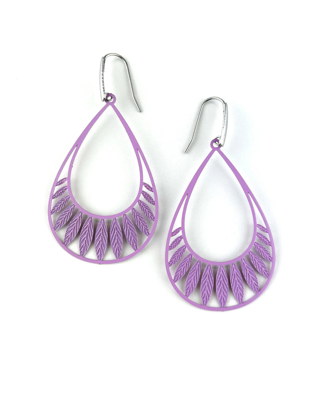 Mauve purple Leafy Droplet Filigree Drop Earrings featuring fine leaf cut-out detail