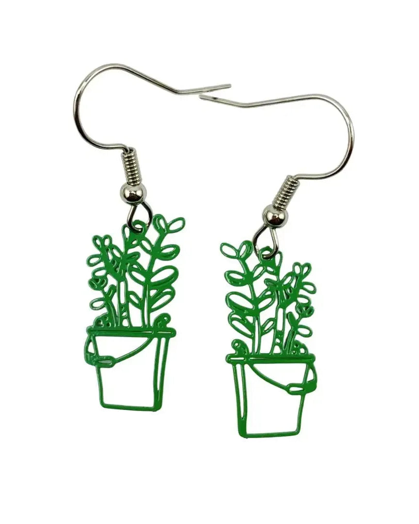 Green leafy potted plant earrings with fine cut-out stems and paired oval leaves in a small planter