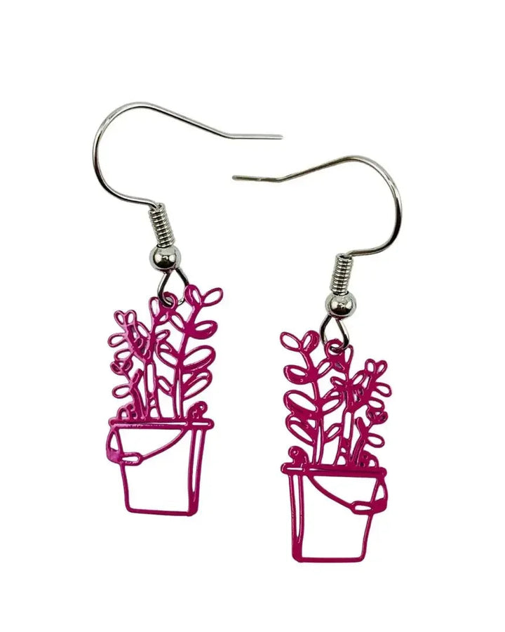 Pink leafy potted plant earrings with fine cut-out stems and paired oval leaves in a small planter