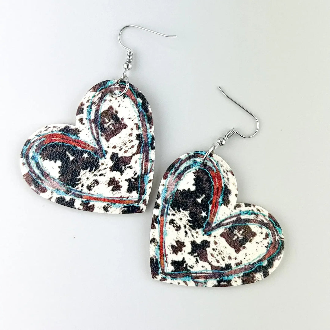 Genuine leather heart drop earrings in cow print pattern, country western statement earrings