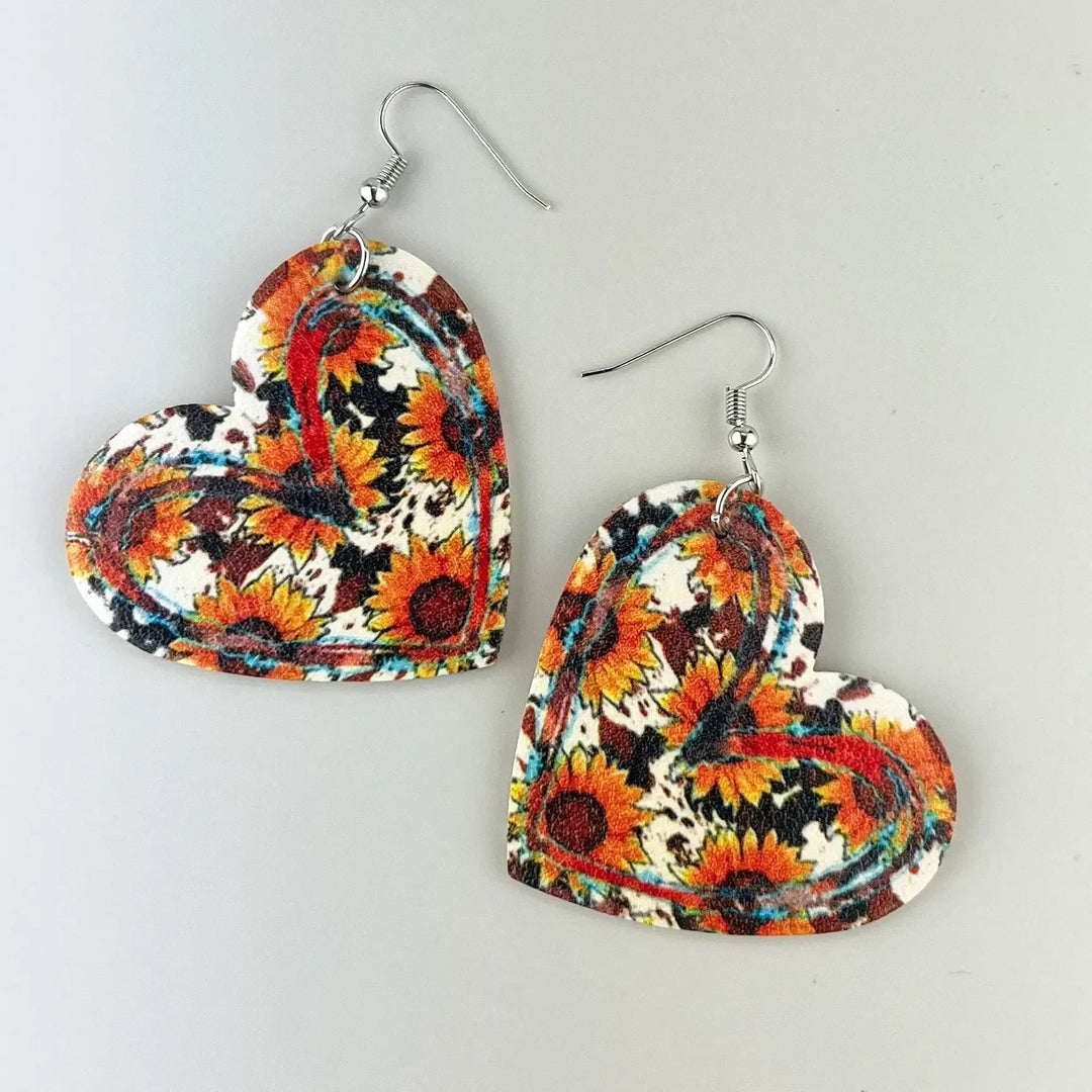 Genuine leather heart drop earrings with sunflower pattern, western style statement earrings