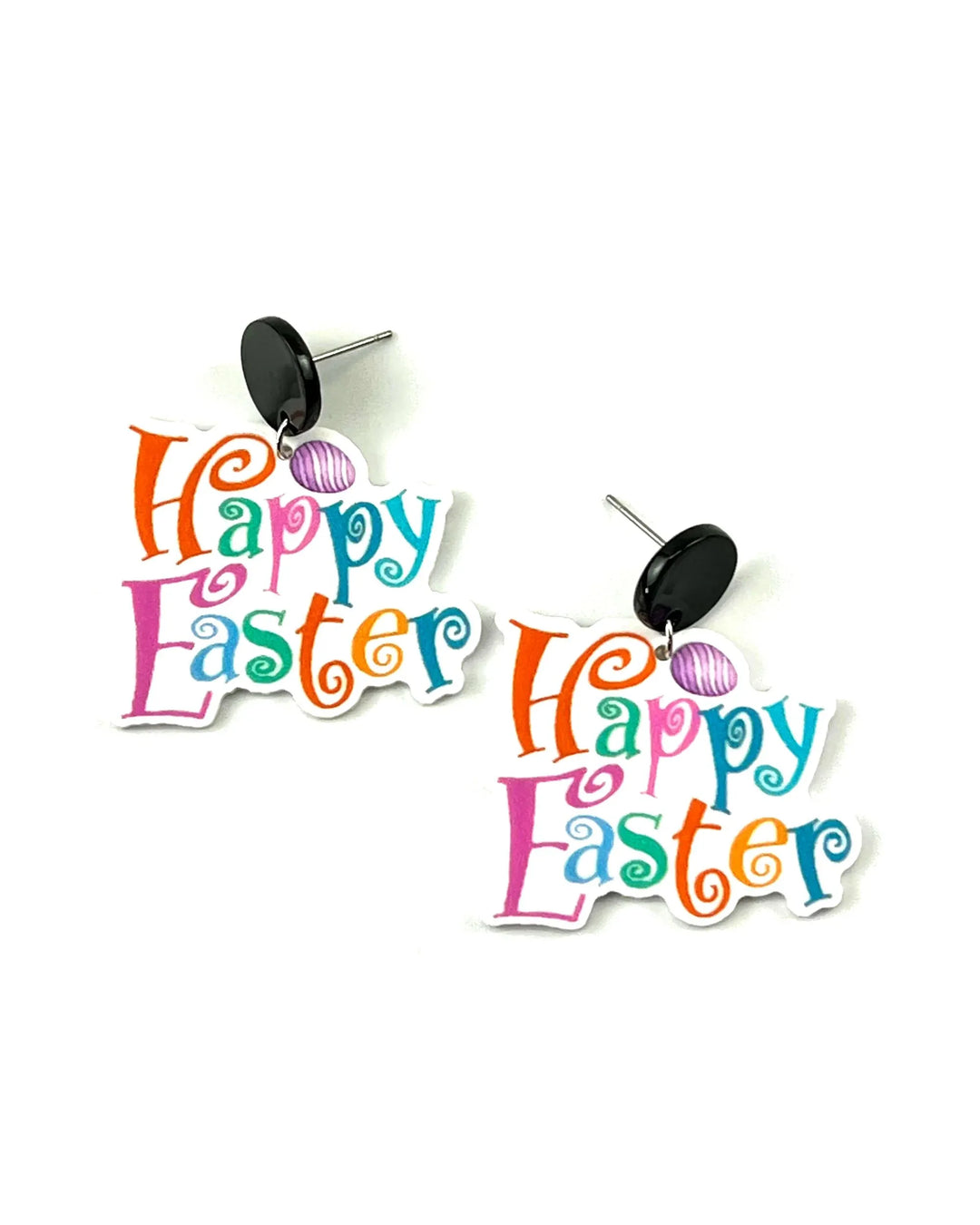 Happy Easter earrings featuring multicoloured swirly lettering on a white acrylic plaque with black stud tops for sensitive ears.