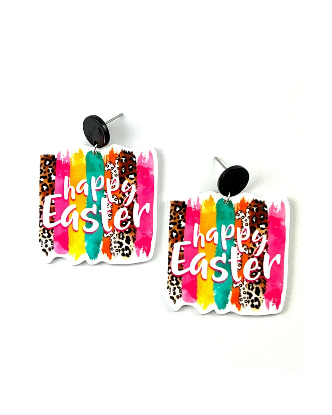 Happy Easter earrings featuring leopard print and colourful stripes on a white acrylic plaque with black stud tops.