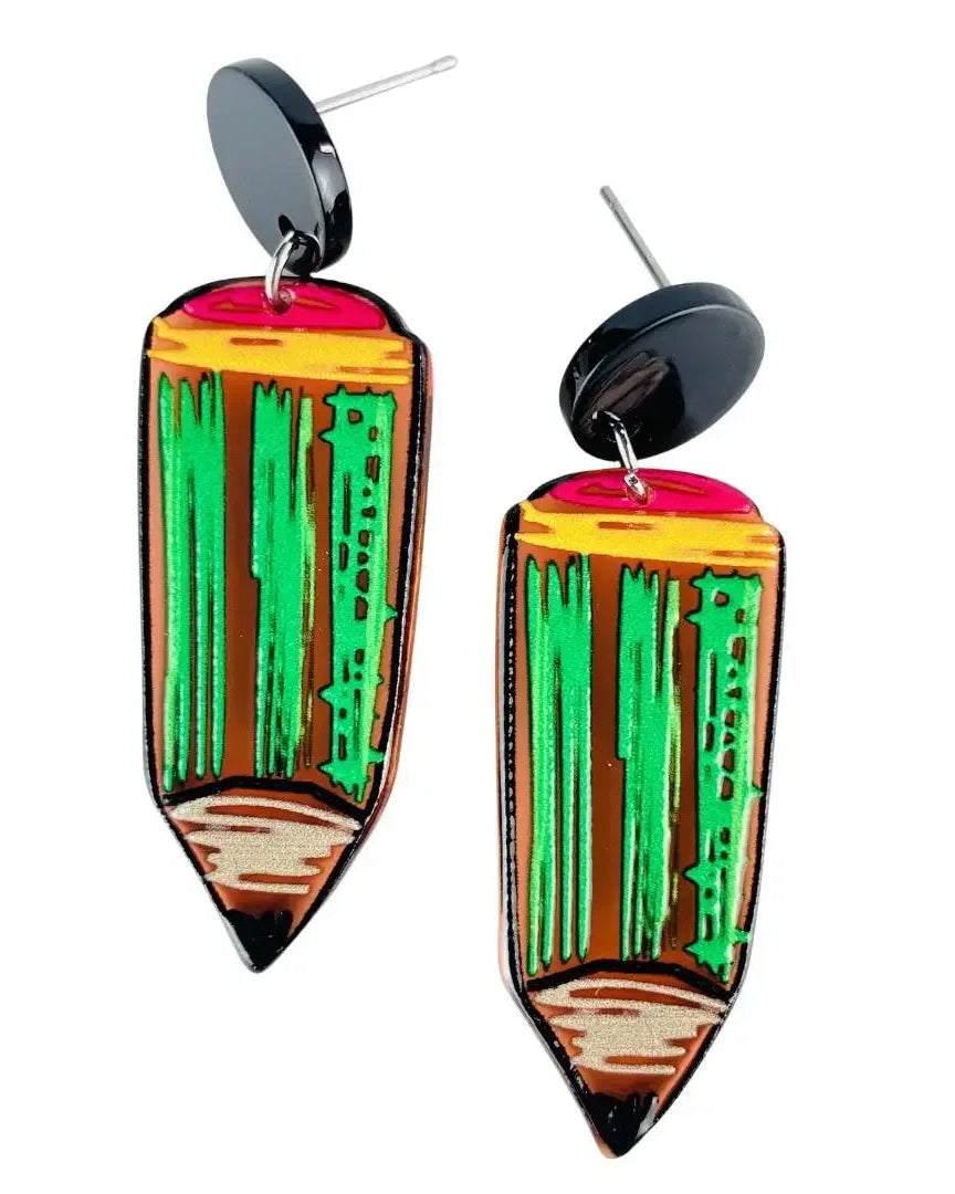 Pencil earrings, a pair of sharpened cartoon pencils with pink erasers dropping from black studs