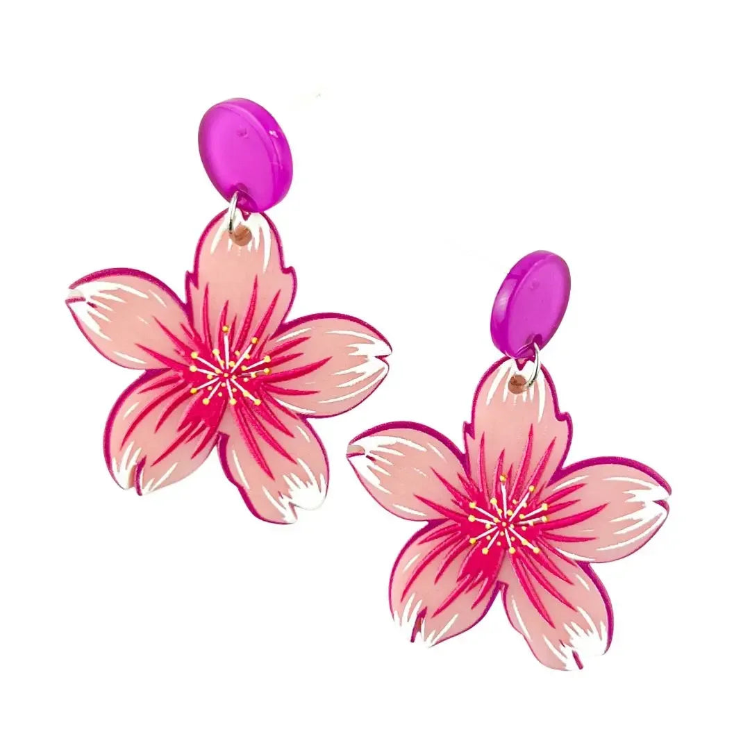 Pink flower stud drop earrings on Sunbaked Lizard jewellery card