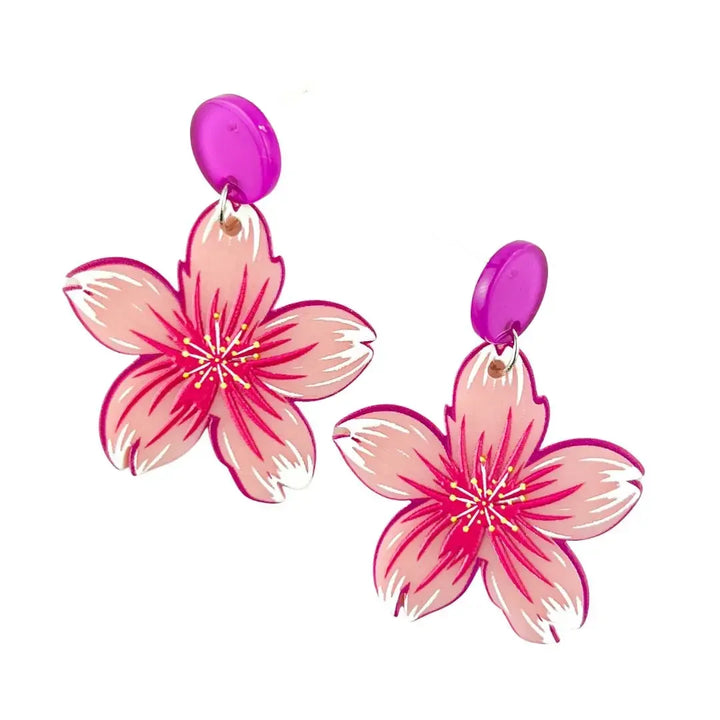 Pink flower stud drop earrings on Sunbaked Lizard jewellery card