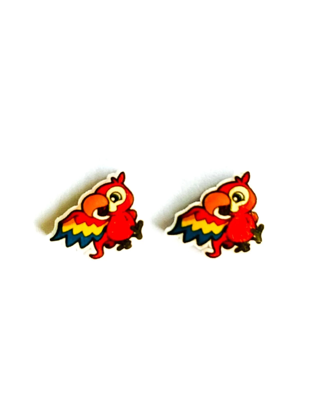 Polly the Parrot stud earrings, a pair of cartoon red parrots with rainbow wings on acrylic charms
