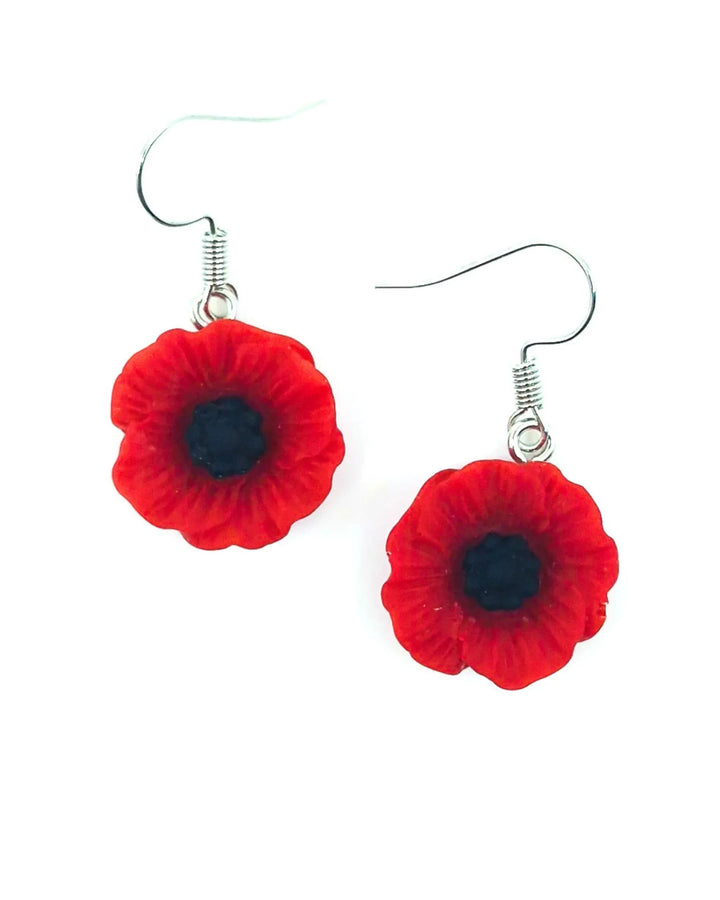 Red poppy flower drop earrings 18mm resin charm with stainless steel hook