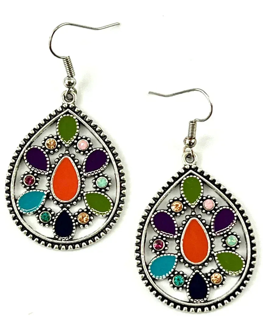 Silver teardrop mosaic earrings with orange centre stone and colourful diamantes