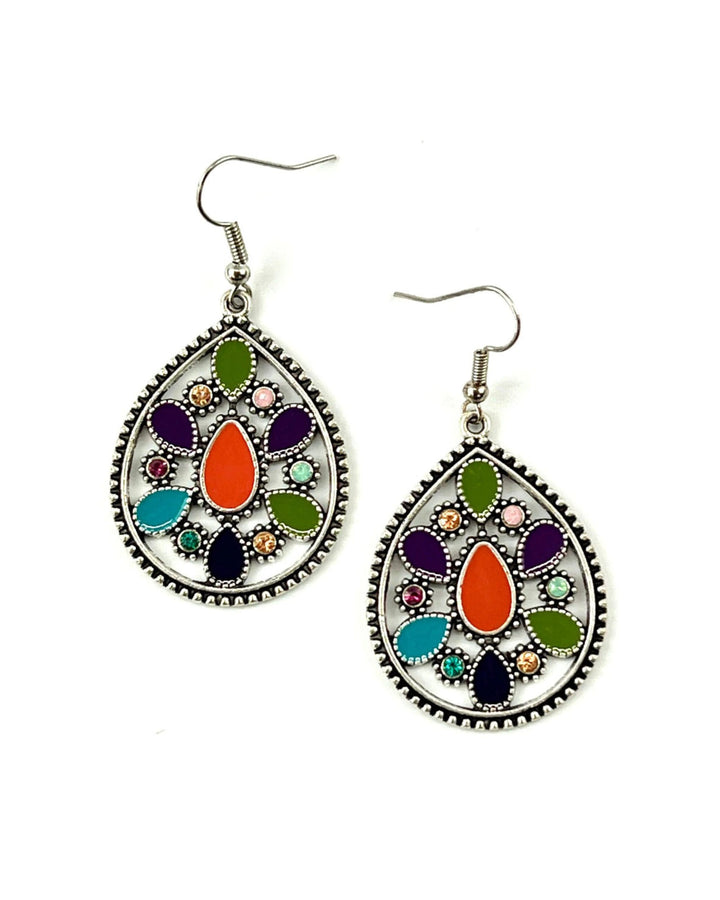 Silver teardrop mosaic earrings with orange centre stone and colourful diamantes