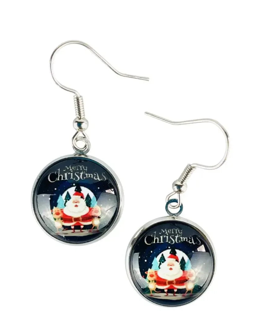Starry night Santa Christmas earrings, a glass cabochon showing Santa with reindeer under Merry Christmas lettering
