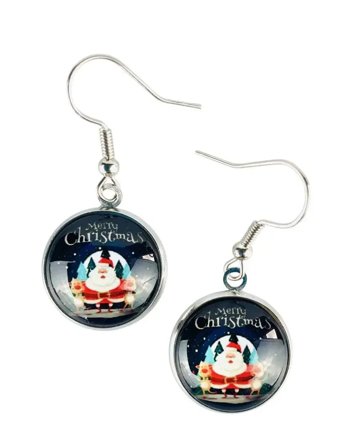 Starry night Santa Christmas earrings, a glass cabochon showing Santa with reindeer under Merry Christmas lettering