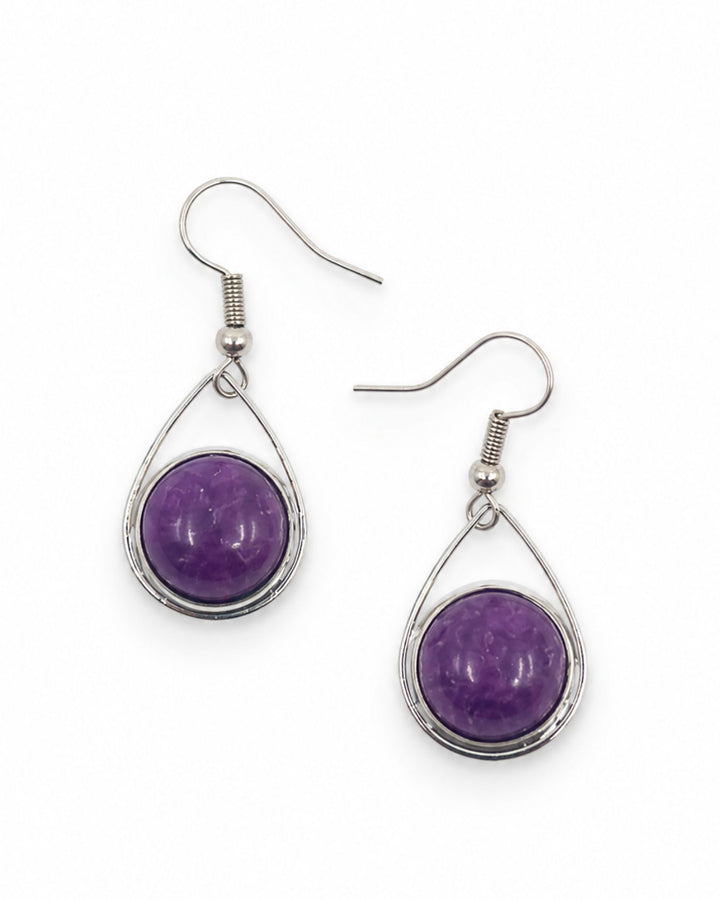 Pair of purple stone teardrop earrings with domed marbled stones in slim silver-coloured teardrop frames