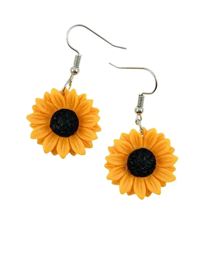 Yellow sunflower drop earrings in 25mm size with stainless steel hooks