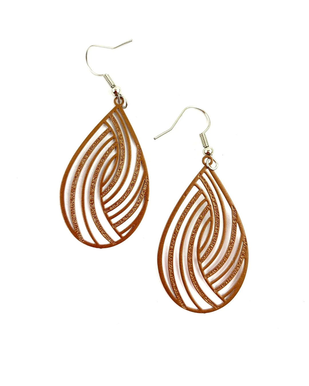 Pair of brown swirl cut-out teardrop dangle earrings with curved filigree-inspired cut-out pattern and silver hooks
