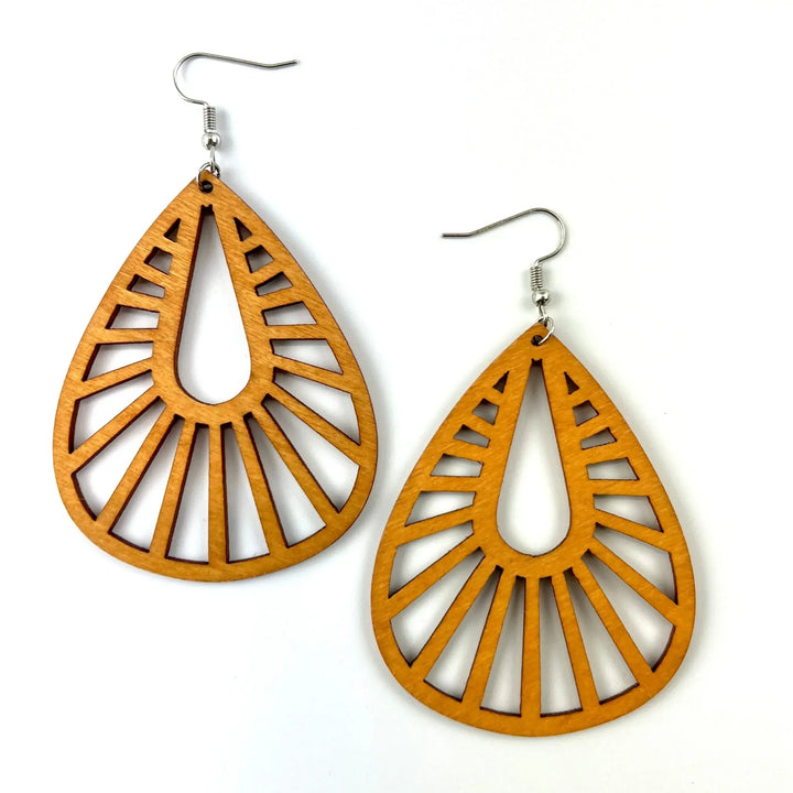 Honey-toned teardrop wooden statement earrings with geometric cut-out design