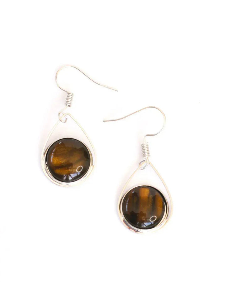 Tigers eye teardrop earrings with honey and chocolate banding in silver teardrop frames