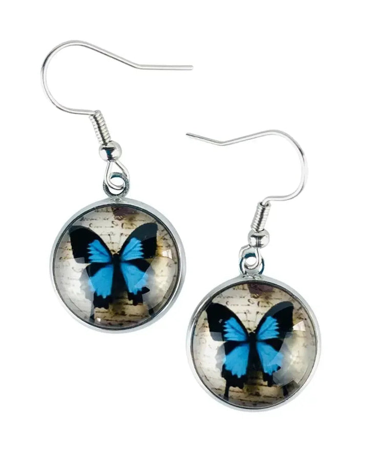 Ulysses butterfly earrings with blue butterfly glass cabochon drops and silver hooks